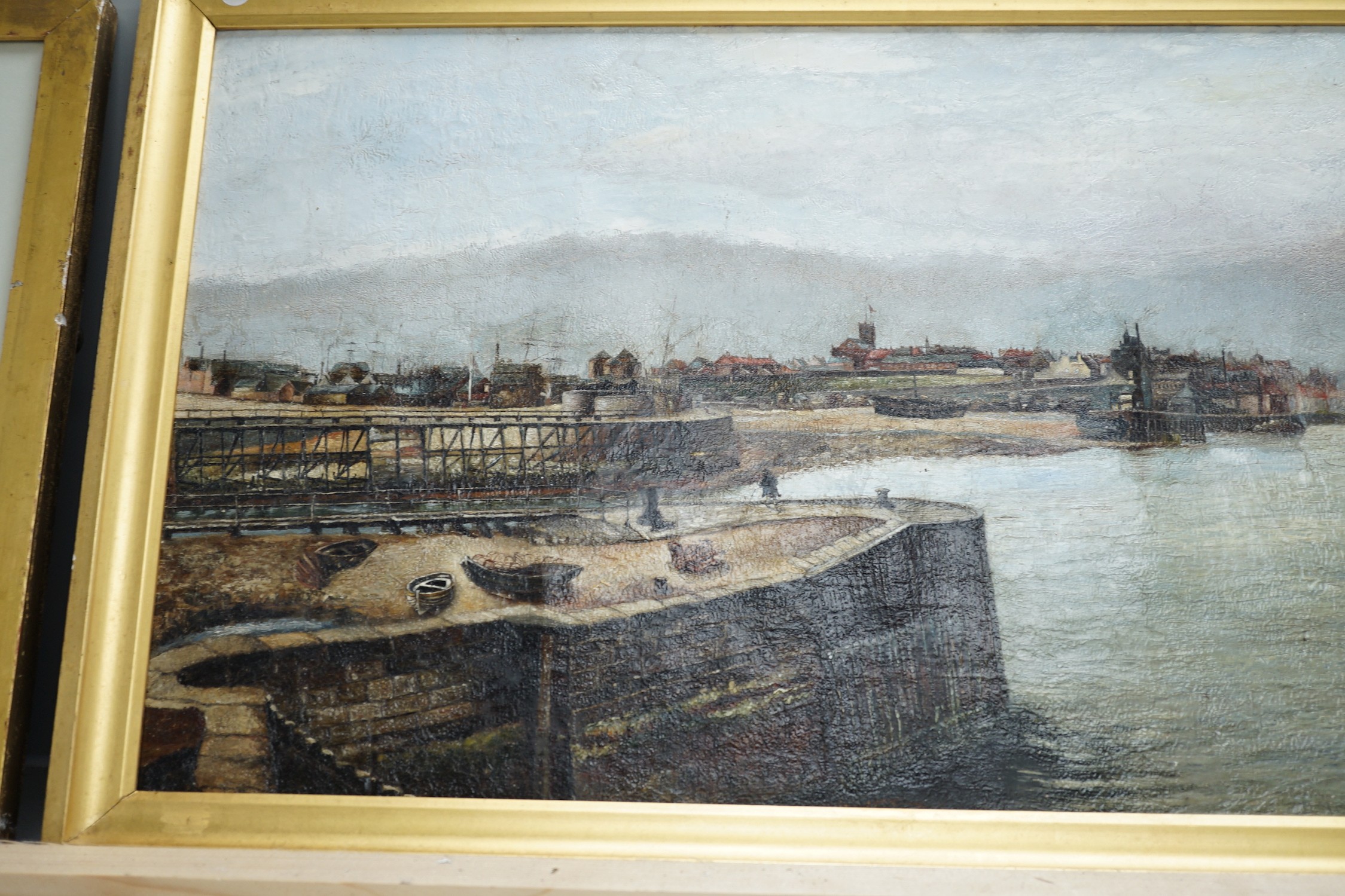 John Smith of Roker, oil on canvas laid on board, 'Sunderland Harbour', signed, 30 x 60cm